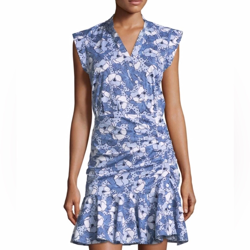 Veronica Beard Fountain Dress Ruched Floral Blue and White Size 10 Like New